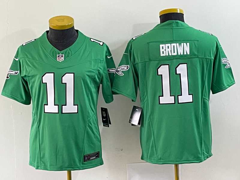 Womens Philadelphia Eagles #11 A. J. Brown Green 2023 F.U.S.E. Stitched Football Jersey(Run Small)->women nfl jersey->Women Jersey